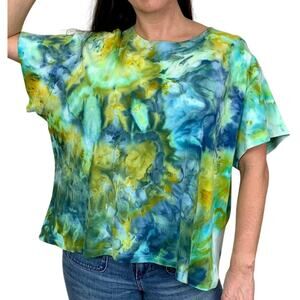 Vintage 3XL Hand Dyed Ice Dye T-Shirt Blue Green Watercolor Abstract Boho Tee